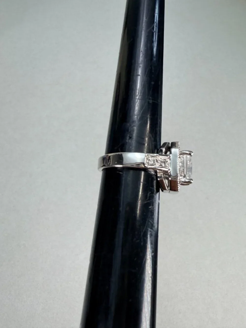 Princess Cut Halo CZ Engagement Style Ring Silver Tone Size 7 Sparkling